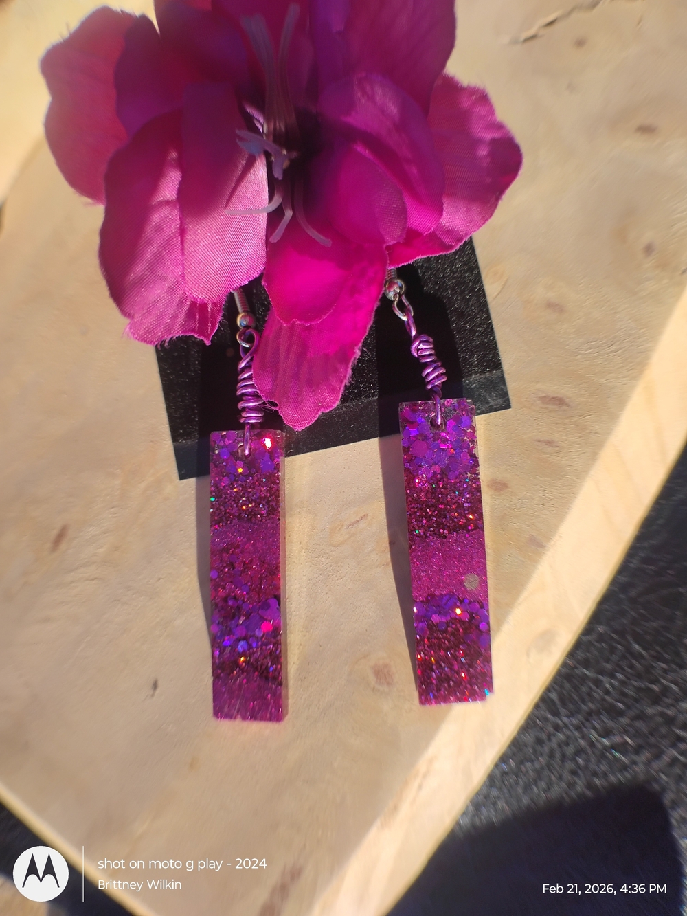 Handmade Pink Glitter Resin Dangle Earrings